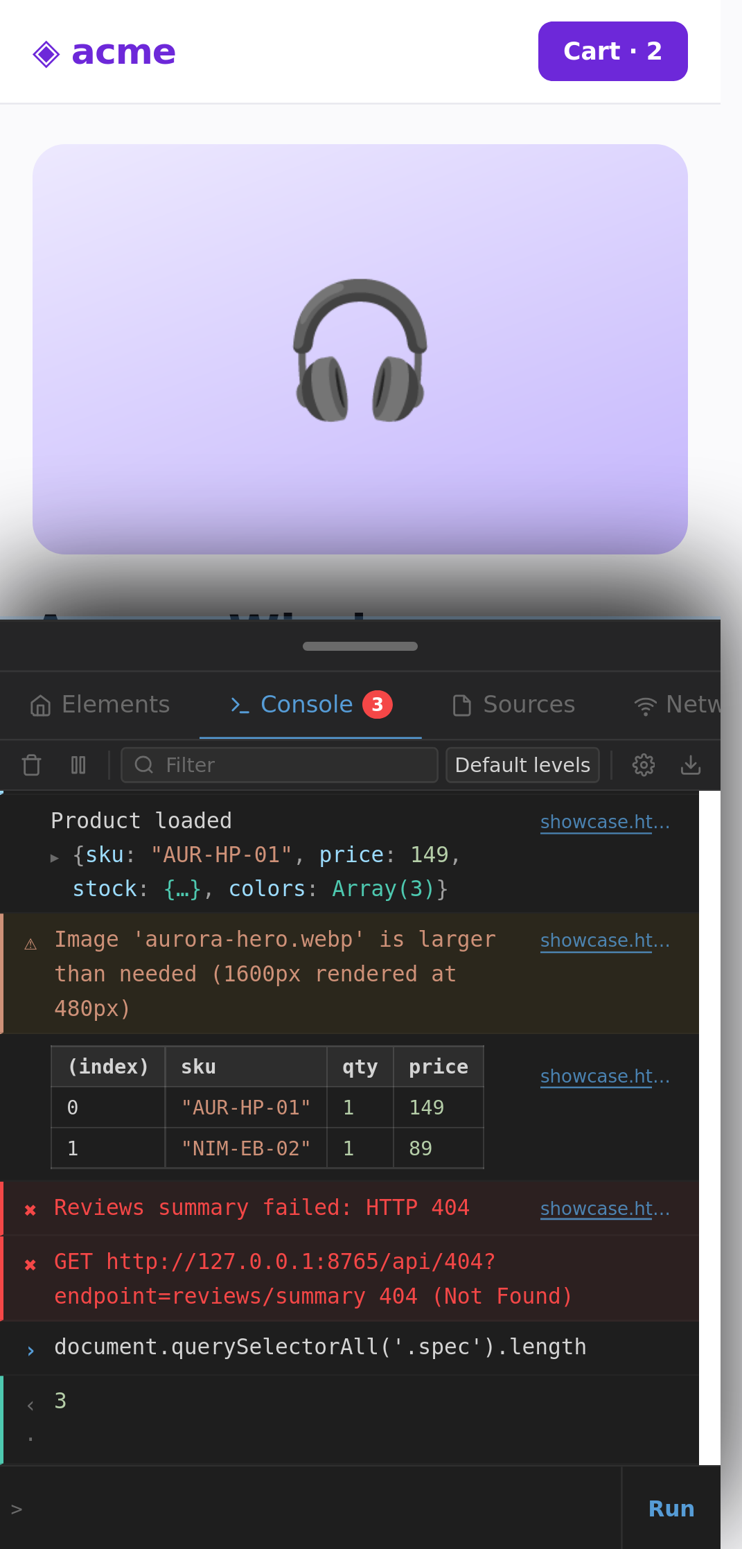 Console: page logs, expandable objects, REPL