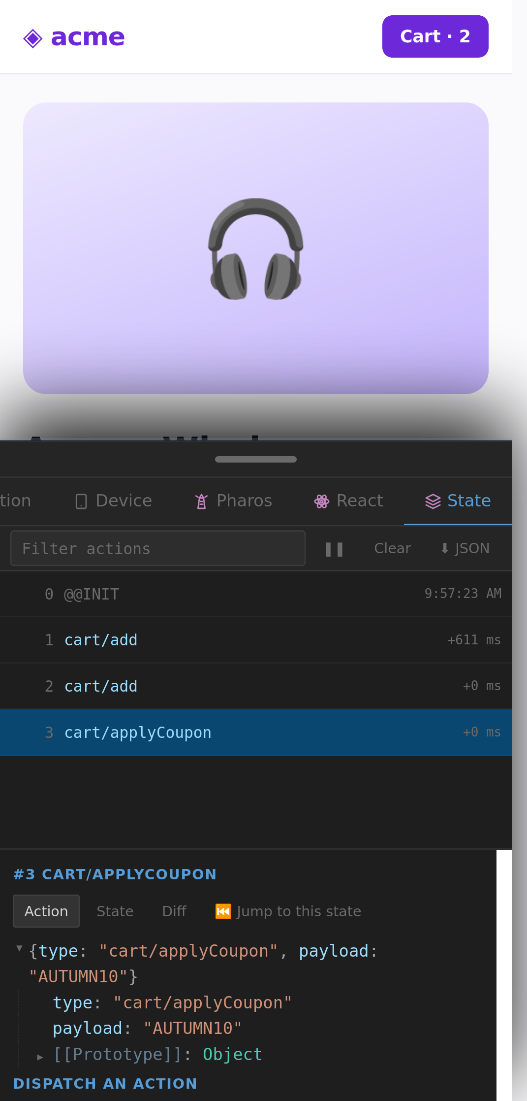 State: Redux / Zustand / NgRx actions, diff, time travel